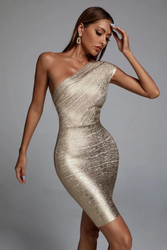 One Shoulder Foiling Print Rayon Bandage Dress