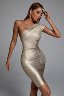 One Shoulder Foiling Print Rayon Bandage Dress