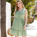 Plus Size V-Neck Sleeveless Polka Dot Printed ,Buttons Belt Ruffle Mini Dress, Sleeveless Frock, Waist Belt, sleeveless chiffon mini dress, , iBuyXi.com