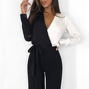 Black-White Patchwork V-Neck Long Sleeve Tie-Up Jumpsuit