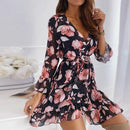 Ruffle Chiffon Floral Printed V-Neck A-Line Mini Dress, iBuyXi.com, Unique Sundresses, Cute Rompers, Unique Chiffon Dresses