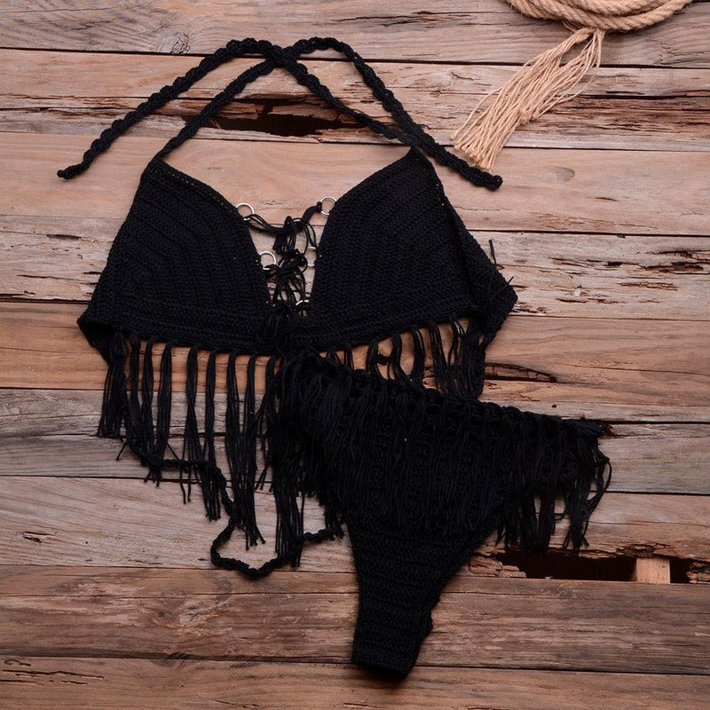Crochet Knitted Tassel Bikini Set Beachwear And Ideal for Bathing and Wearing as Push Up Swimsuit for Pool party. iBuyXi.com