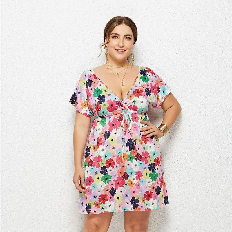 Plus Size V-neck Floral High-Waist Mini Dress 3 / L Plus Size V-neck Floral High-Waist Mini Dress 3 / L