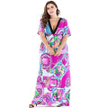 Plus Size Maxi Dress Boho, Retro Print ,Women Summer Short Sleeve, High Waist Beach Dress ,Deep V Neck Elegant V, Back Sexy Dresses, Plus Size Maxi Dress, Retro Print, High Waist Beach Dress Deep V Neck, iBuyXi.com