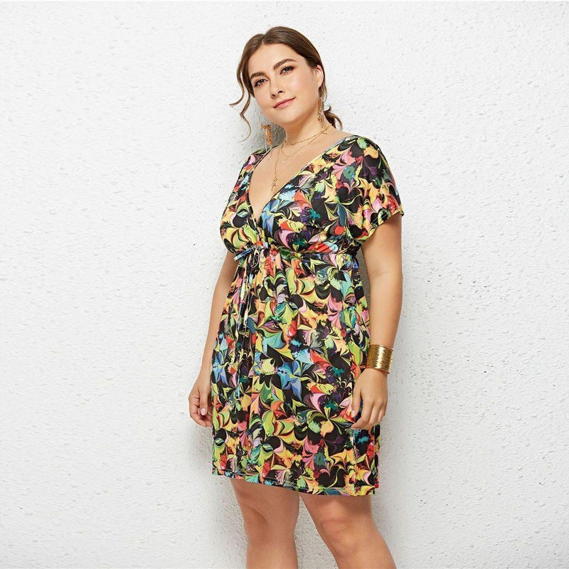 plus size beach party dresses Plus Size V-neck Floral High-Waist Mini Dress