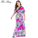 Plus Size Maxi Dress Boho, Retro Print ,Women Summer Short Sleeve, High Waist Beach Dress ,Deep V Neck Elegant V, Back Sexy Dresses, Plus Size Maxi Dress, Retro Print, High Waist Beach Dress Deep V Neck, iBuyXi.com