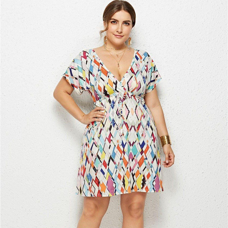 Plus Size V-neck Floral High-Waist Mini Dress 3 / L Plus Size V-neck Floral High-Waist Mini Dress 3 / L