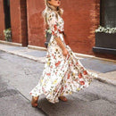 Maxi Boho Swing Dress O-Neck Floral Print Half Sleeve Long Slip Beach Dress, iBuyXi.com, women clothing, swing dress, bohemian dress, free shipping