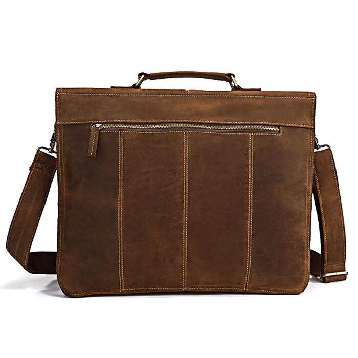 Vintage Crazy Horse Leather men Briefcase Large Business bag Genuine Leather, laptop Bag Tote shoulder bag men portfolio Brown - iBuyXi.com