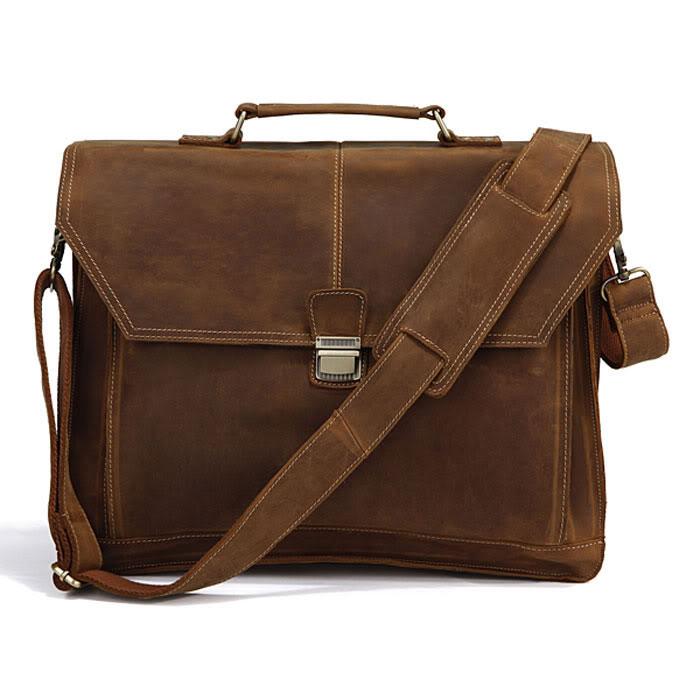 Vintage Crazy Horse Leather men Briefcase Large Business bag Genuine Leather, laptop Bag Tote shoulder bag men portfolio Brown - iBuyXi.com