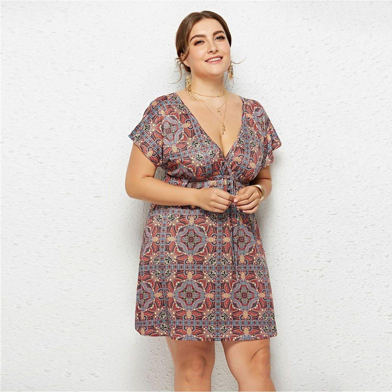 Plus Size V-neck Seaside Beach Party Dress. Seaside Beach Dress. Visit iBuyXi.com for Online Shopping and Shop the Unique Selection, Large size Women Dress, Summer Women plus Size Dress, Casual V-neck Print Large Size Dress, Holiday Seaside Beach Party Dress.
