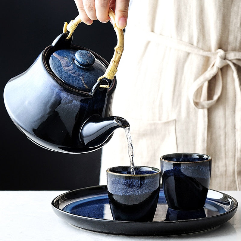 Blue Cat Eye Design Teapot 2 Cup Set