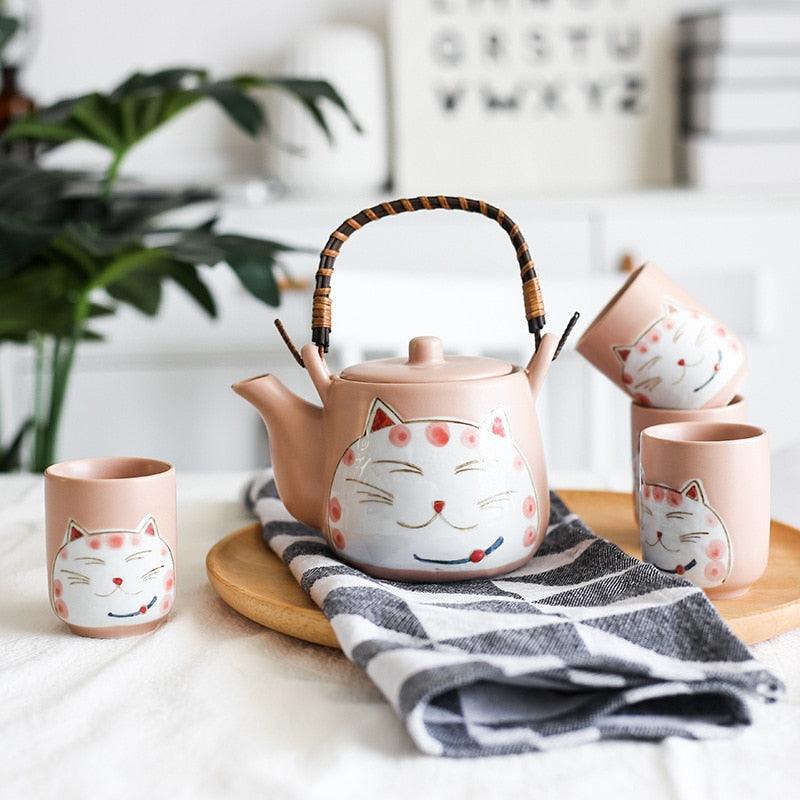 Cat Design Tea Set Pink Ceramic with 4 Cups + 1 Teapot