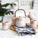 Cat Design Tea Set Pink Ceramic with 4 Cups + 1 Teapot