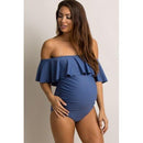 Maternity Solid Flounce Bikini With Off Shoulder Design Comes With One Piece Halter large size swimsuit. - ibuyxi.com