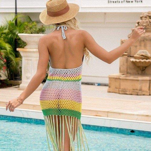 Tassel Crochet Bikini Set with Multicolored Hand Made Halter Hollow Out, Backless Dress Cover Up for Swimming And Beach. iBuyXi.com