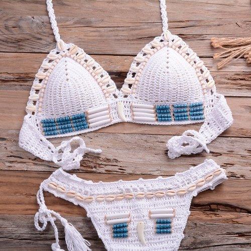 Handmade Blue Shell Beaded Bikinis Set Comes in High-Quality, Looks elegant on Beach And Swimming Occasions. - ibuyxi.com