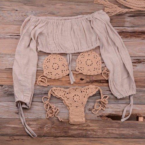 Handmade Crochet Bikini Set Cover UpWith Hollow Out Design Ideal To Wear As Swimwear On Beach. - ibuyxi.com