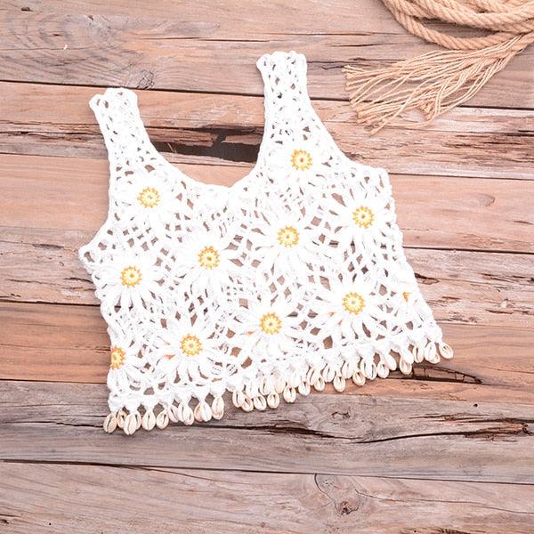 Crochet Crop Top With Hollow Out Design And Tassel Shell Trim Tanks Come with Loose Fit Cover-Up Which is Perfect For Beach Summer Casual Wear. - ibuyxi.com