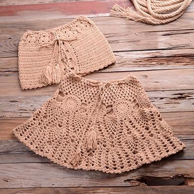 Handmade Crochet Off Shoulder Crop Top Knitted Skirt Bathing Suit - view 9