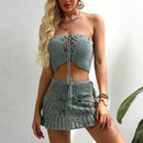 Off Shoulder Crochet Bikini Crop Top And Bottom With High, Waist Bikini Set Comes in Solid Color. - ibuyxi.com