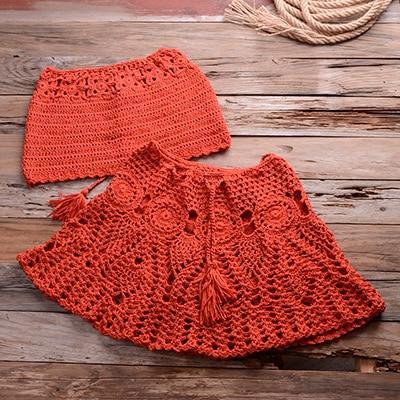 Handmade Crochet Off Shoulder Crop Top Knitted Skirt Bathing Suit - view 10