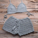 Crochet Bikini Two Pieces Set Halter Bra Tie Top Knitted Shorts Biquini Summer Beach Swimwear Hollow Swimsuit Bathing Suit, iBuyXi.com, Summer Collection
