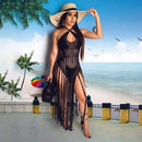 Handmade Crochet Fishnet Long Tassel Summer Beach Dress Fashion Sexy Halter Backless Maxi Dress Women Tunic Swimwear Outfits, iBuyXi.com, Online shopping website, women clothing, free shipping, beach sexy dress, bikini coverup, new design tassel crochet dress, maxi dress