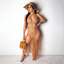 Handmade Crochet Fishnet Long Tassel Summer Beach Dress Fashion Sexy Halter Backless Maxi Dress Women Tunic Swimwear Outfits, iBuyXi.com, Online shopping website, women clothing, free shipping, beach sexy dress, bikini coverup, new design tassel crochet dress, maxi dress