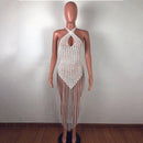 Handmade Crochet Fishnet Long Tassel Summer Beach Dress Fashion Sexy Halter Backless Maxi Dress Women Tunic Swimwear Outfits, iBuyXi.com, Online shopping website, women clothing, free shipping, beach sexy dress, bikini coverup, new design tassel crochet dress, maxi dress
