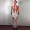 Handmade Crochet Fishnet Long Tassel Summer Beach Dress Fashion Sexy Halter Backless Maxi Dress Women Tunic Swimwear Outfits, iBuyXi.com, Online shopping website, women clothing, free shipping, beach sexy dress, bikini coverup, new design tassel crochet dress, maxi dress
