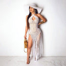 Handmade Crochet Fishnet Long Tassel Summer Beach Dress Fashion Sexy Halter Backless Maxi Dress Women Tunic Swimwear Outfits, iBuyXi.com, Online shopping website, women clothing, free shipping, beach sexy dress, bikini coverup, new design tassel crochet dress, maxi dress