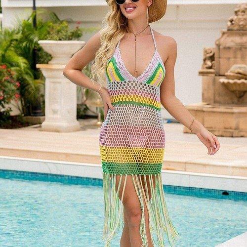 Tassel Crochet Bikini Set with Multicolored Hand Made Halter Hollow Out, Backless Dress Cover Up for Swimming And Beach. iBuyXi.com