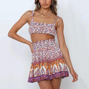 Floral Print Bow Tie, Camis Crop Top Ruffles, High Waist Mini Skirt Set, Women's Two Piece Set, Floral Knot and Ruched Back, Off-the-Shoulder Crop Top and Skirt, iBuyXi.com