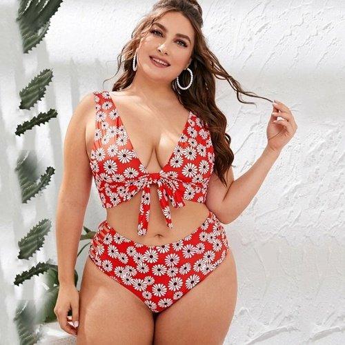 Plus Size Floral Printed High Waist Bikini Set