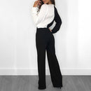 Black-White Patchwork V-Neck Long Sleeve Tie-Up Jumpsuit