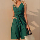Casual sleeveless solid A-line midi dress with V-neck button sash bow dress Ideal summer Season, iBuyXi.com