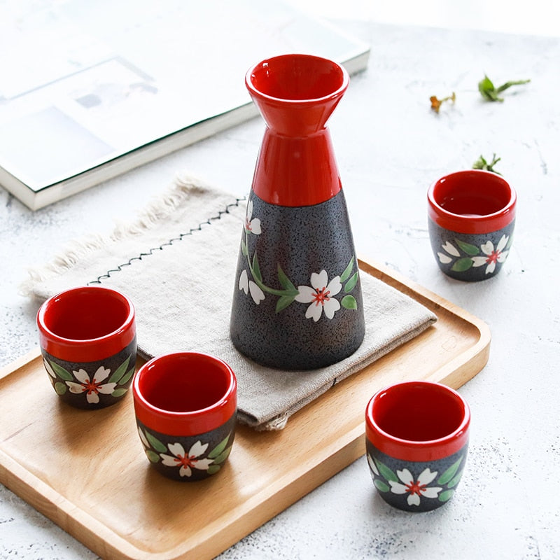 Stunning Flower Ceramic Japanese Sake Wine Set