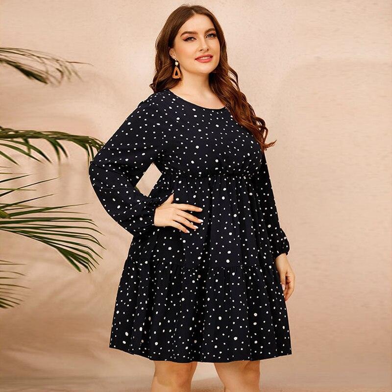Plus Size Long Sleeve O-Neck Dot Printed High Waist Casual Mini Dress XXL Plus Size Long Sleeve O-Neck Dot Printed High Waist Casual Mini Dress XXL