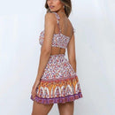 Floral Print Bow Tie, Camis Crop Top Ruffles, High Waist Mini Skirt Set, Women's Two Piece Set, Floral Knot and Ruched Back, Off-the-Shoulder Crop Top and Skirt, iBuyXi.com