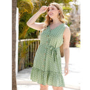 Plus Size V-Neck Sleeveless Polka Dot Printed ,Buttons Belt Ruffle Mini Dress, Sleeveless Frock, Waist Belt, sleeveless chiffon mini dress, , iBuyXi.com
