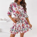 Floral Print Half SleeveDress with Casual A-Line Cascading Ruffle and Mini Dress Waist Elastic Vestidos. iBuyXi.com