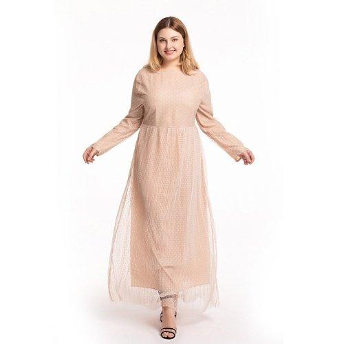 Kaftan O-Neck Long Sleeve Dot Mesh Elegant Maxi Dress