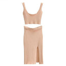 Knitted Sweater Spaghetti Strap, Crop Top Split Midi Skirt Set, Women's 2 Piece Set, Sleeveless, Ribbed Knit, Crop Top and Mini Skirt, iBuyXi.com