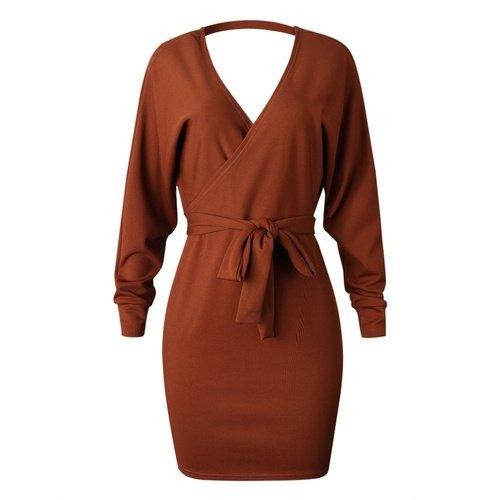 Knitted Wrap Rib Dress Brown / M Knitted Wrap Rib Dress Brown / M