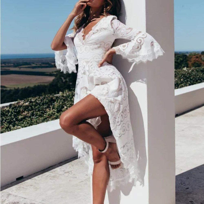 Lace Long Sleeve white Mesh V Neck Dress. Visit iBuyXi.com for Online Shopping and Shop the Unique Selection, Fashion Lace Long Sleeve, white Dress, Mesh Zipper, Casual Women V Neck Dress, women Elegant Party Dress.