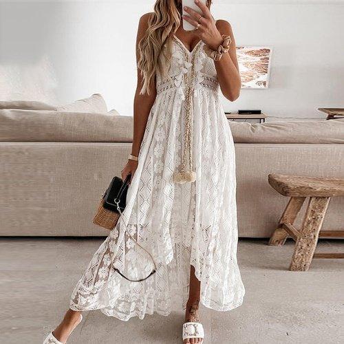 Long Maxi Dress With Lace Patchwork And V Neck Sleeveless Design Which is Perfect For Holiday, Irregular Backless Party. - ibuyxi.com
