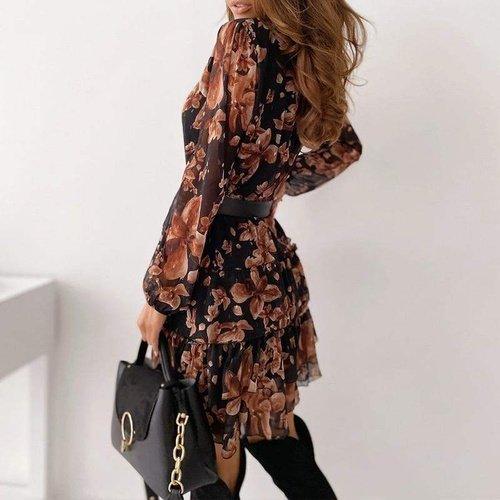 V Neck Floral Dress Spring Flower Printed Long Sleeve Dress with Lace-Up Ruffle and Chiffon Ideal for A-Line Party. iBuyXi.com