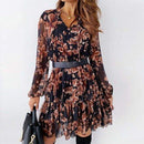 V Neck Floral Dress Spring Flower Printed Long Sleeve Dress with Lace-Up Ruffle and Chiffon Ideal for A-Line Party. iBuyXi.com