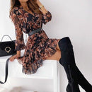 V Neck Floral Dress Spring Flower Printed Long Sleeve Dress with Lace-Up Ruffle and Chiffon Ideal for A-Line Party. iBuyXi.com